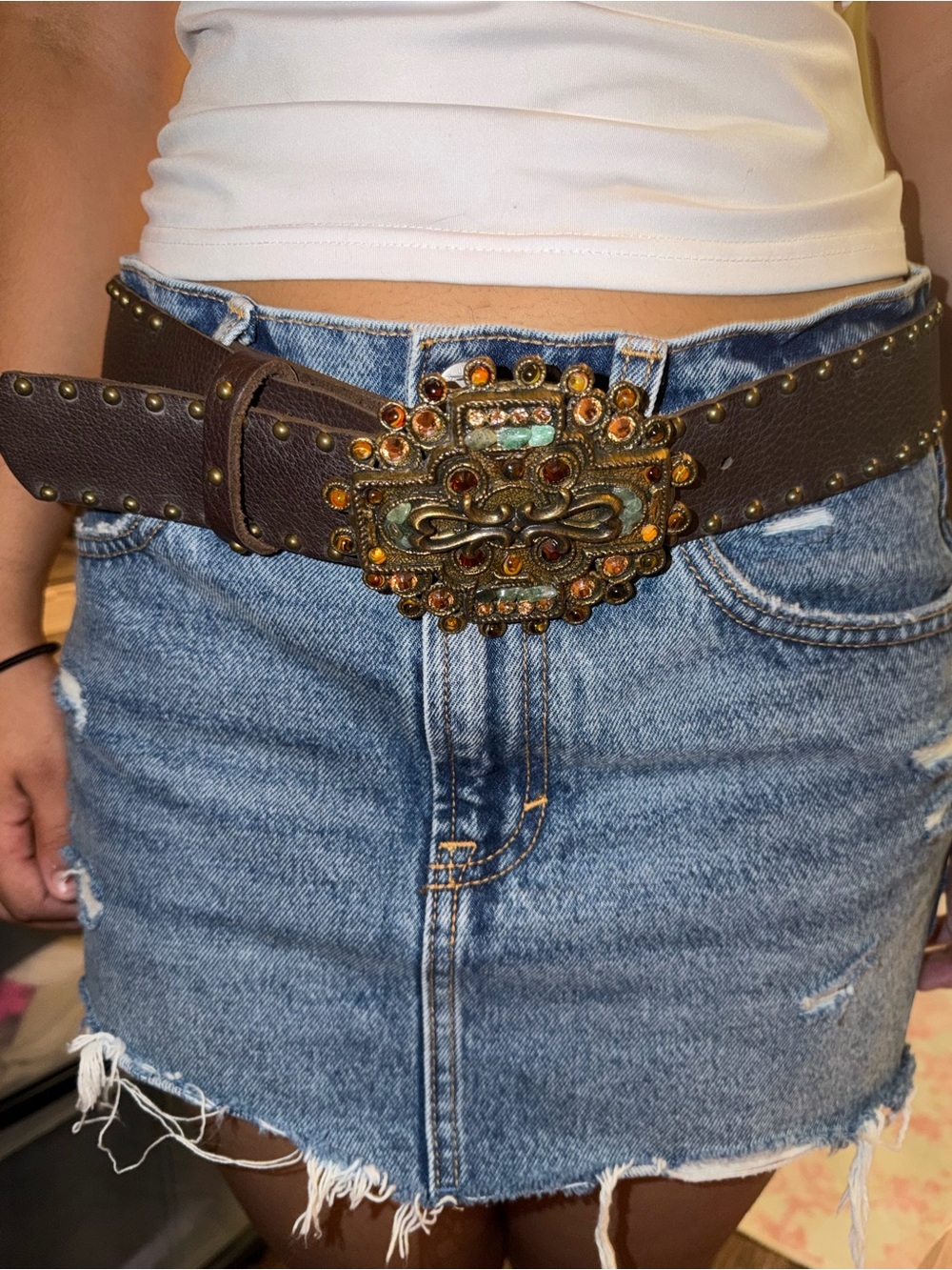 Leatherock Brown Leather Belt with Ornate Gold-Tone Amber Buckle